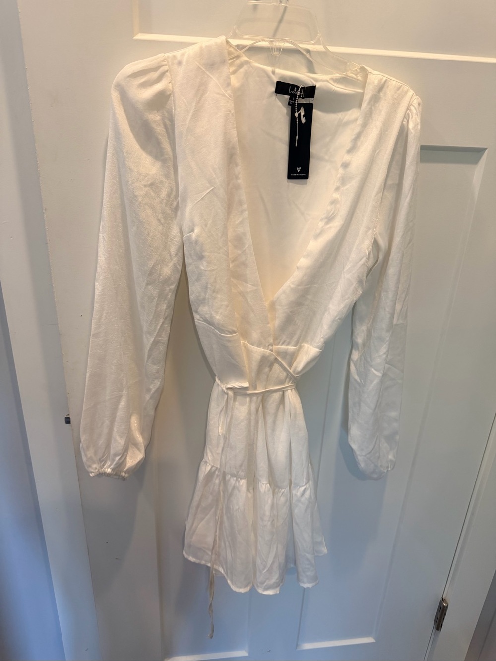 NWT Lulus White Long Sleeve Wrap Mini Dress Tiered Bridal Party Dress S
